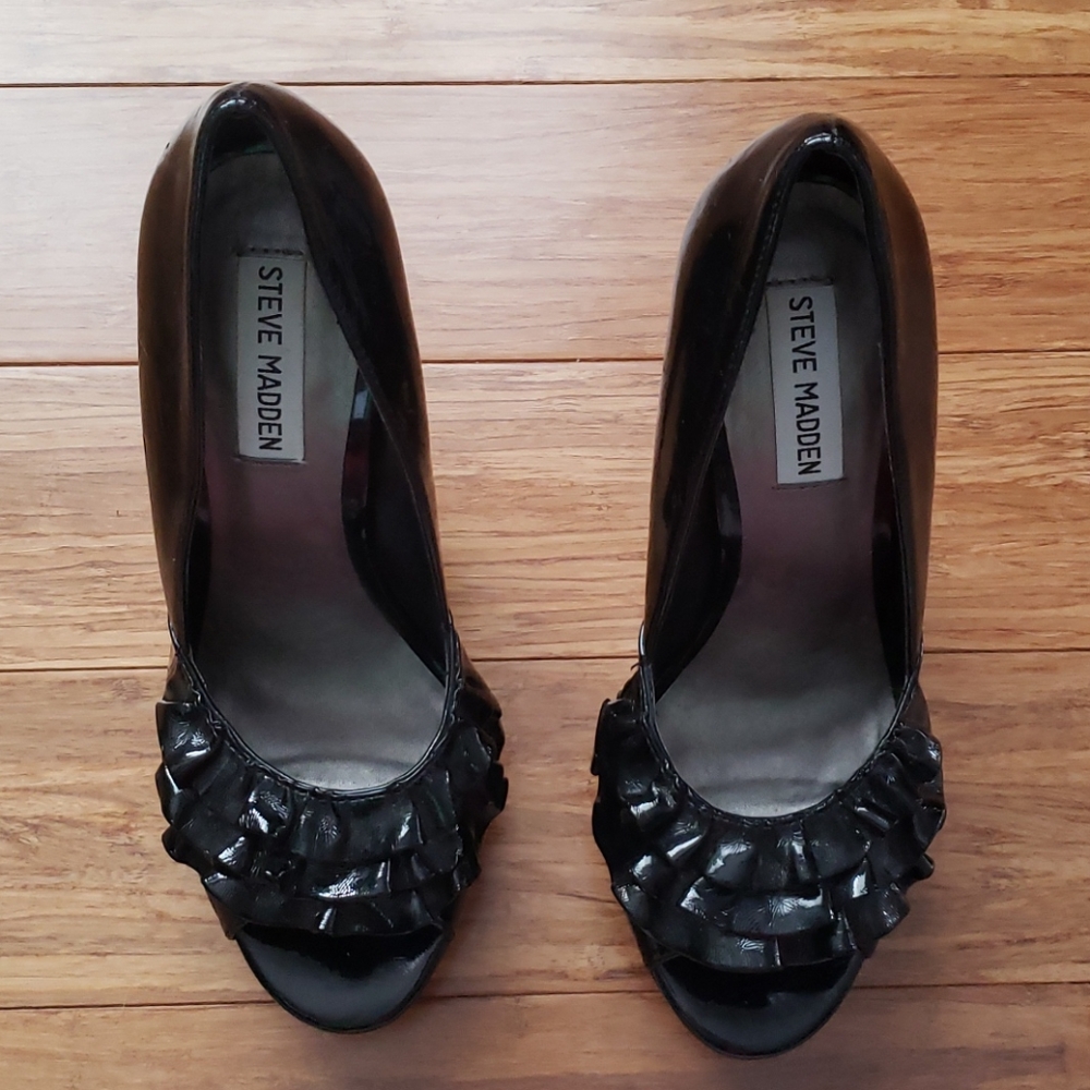 Black Patent Ruffle Peep Toe - Picture 2 of 8